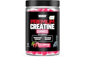 Weider Premium Creatine Gummies (60 gommes) Goût Cerise, avec 3,5g Créatine Monohydrate 100% Creapure/dose, aide à augmenter la performance physique (20 portions)