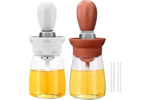 TINMIX Oil Dispenser with Brush - 2Pack Glass Olive Oil Dispenser Bottle for Kitchen with Silicone Basting Brush BBQ Grilling Baking Cooking, T-OB22, White+Red