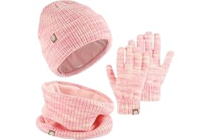 AWAVM Lot de 3 bonnets, écharpes et gants d'hiver chauds en tricot thermique pour enfants de 5 à 12 ans-Moufles tactiles-Doublure en polaire douce-Élastique-Sports