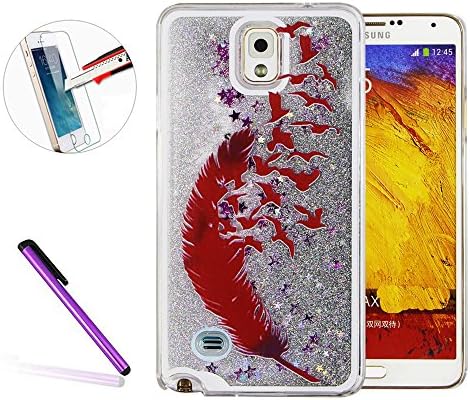 Note 4 Case,Galaxy Note 4 Case Cover,Hard Case for Galaxy Galaxy Note 4,NEWSTARS [Creative Design] [Flowing Liquid] Glitter Flowing Liquid Floating Moving Clear Hard Protective Case Cover for Samsung Galaxy Note 4 [+ 1Pcs Stylus Touch Pen+ 1Pcs Screen Protector].Silver Liquid-Red Feather