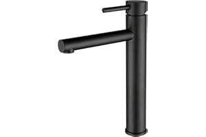 VALAZ Grifo Lavabo Negro Mate Alto Pica | Grifo Monomando Lavabo, Mezclador Agua Fría y Caliente, Ahorro de Agua | Instalación Facil y Rápida | Latón, Inoxidable, Elegante, Caño Recto, Serie Palancia