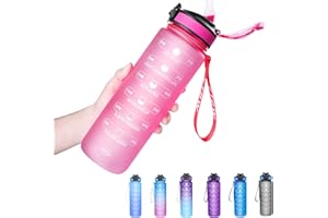 ETDW Borraccia 1 Litro con CannucciaSenza BPA, 1L Motivazionale Tritan Borraccia con Marcatori di Tempo, Borraccia Sportiva per Palestra, Campeggio, Yoga, Picnic (Rosa)