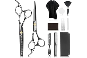JINSHOW Tijeras de peluquería para el cabello, juego de tijeras profesionales de corte de adelgazamiento, peine de acero inoxidable, kit de bolsa de corte para salón, mujeres, hombres, niños, negro