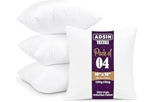 ADSIN Set of 4-45cm x 45cm Hollowfibre Cushion New White Pad Inner Stuffer Pillow Polyester Insert Square Hypoallergenic (Pack of 4 | 18" x 18")