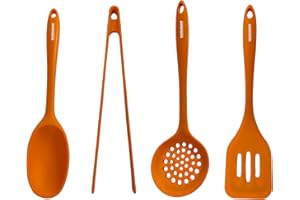 Fackelmann Soft Set de 4 Utensilios de Cocina de Silicona, incluye Espumadera, Pinzas, Espátula Ranurada y Cucharón, Antiadherentes, Resistentes al Calor, Aptos para Lavavajillas, Naranja
