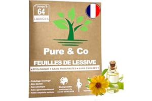 PURE & CO Lessive Feuilles Verte Ecologique, Bio, Bebe, Voyage, Machine à Laver, Main, Magique, Poudre, Hypoallergénique, Lingette, Concentrée, Parfum naturel Huiles Essentielles