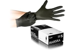 HANSKA Guantes desechables de nitrilo negros – Sin polvo – Desechar– Ambidextros – No estériles – Base de goma – Apto para ámbitos médicos, manipulación de alimentos (100, S)