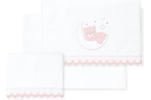 Interbaby - Sábanas Bebé 100% Algodón Coche/Moisés/CAPAZO - Guipur Oso Luna Conjunto 3 Pcs, Bajera+encimera+Funda Almohada - Hecho en España