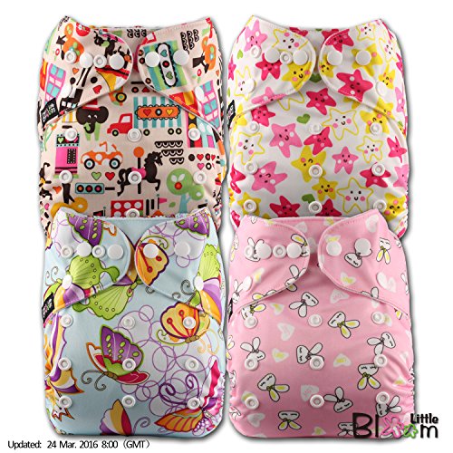 LittleBloom, Reusable Pocket Cloth Nappy, Fastener: Popper, Set of 4, Patterns 413, With 4 Microfibre Inserts, (see "Special Offers and Product Promotions" for Special Offers Detail)