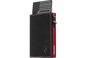 DODENSHA MagSnap Portafoglio da uomo sottile con scomparto per monete, portafogli da uomo per 10 carte di credito, chiusura magnetica, portamonete, protezione RFID (Nero/Rosso)