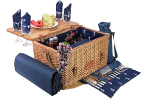 Les Jardins de la Comtesse Wiklinowy i skórzany niebieski kosz piknikowy Saint-Honoré ze zdejmowanym stołem - 4 osoby - w pełni wyposażony