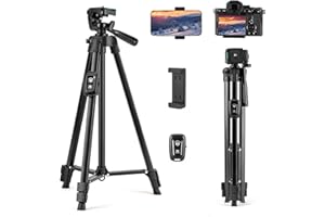 Fotopro Camera Phone Tripod 51 inch Aluminum Lightweight for Travel,360 Degree Panoramic Shooting with Bluetooth Remote and Phone Holder Load up to 3.3lb/1.5kg