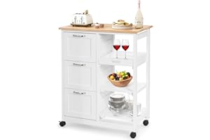 GOPLUS Carro de Cocina con Ruedas con 3 Cajones y 3 Niveles, Carrito de Cocina de Madera con 1 Bandeja Extraíble y Freno, Ideal para Cocina, Salón, Pasillo, 67 x 37 x 83,5 cm, Blanco y Natural