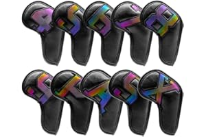 HAUNI Golf Iron Covers 10pcs,Golf Iron Head Covers Leather Golf Iron Covers Set Colorful Golf Iron Headcovers,Golf Club Head Covers for Iron with Magic Tape Fit Titleist,Callaway (Black Dazzle(10 pcs/set))