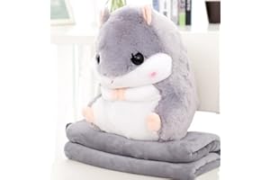 ‎YUNNASI YunNasi Pluszowa poduszka z kocem w kształcie chomika, 2 w 1, przytulanka, świetny prezent dla dzieci i przyjaciół, szary