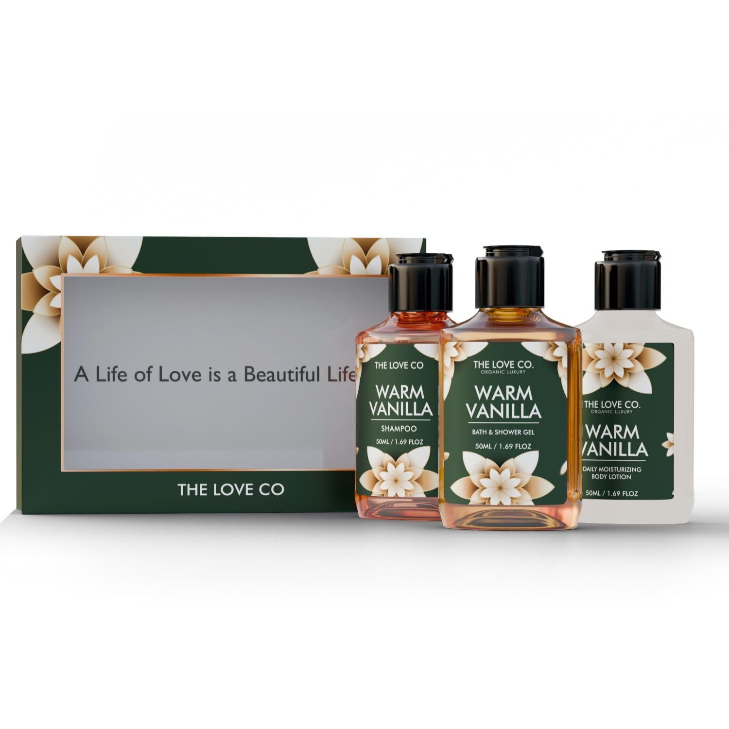 THE LOVE CO. Warm Vanilla Gift Collection| Indulge in Travel Pack Shower Gel, Body Lotion & Shampoo | Ideal Birthday & Specia