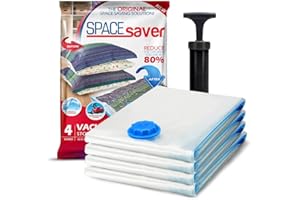 Spacesaver Bolsas de vacio ropa Premium, 80% Más de Almacenamiento, Bomba para Viajes, Sello de doble cierre y válvula turbo con triple sellado, Bolsas Vacío Ahorro de Espacio-Extra Grandes 4 Piezas