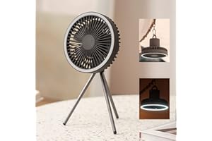 FAY BLESS Ventilador de tienda con trípode, ventilador de escritorio con luz, 18 x 18 cm, 560 g, 10000 mAh, tiempo de trabajo 27 H (gris)