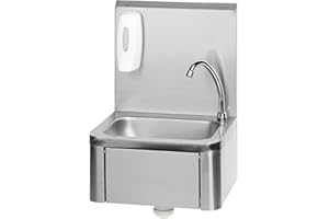 SARO KEVIN - Lavandino, con distributore di sapone e sifone, comando a ginocchio, paraspruzzi, in acciaio inox, da 400 x 340 x 595 mm (l x P x H)