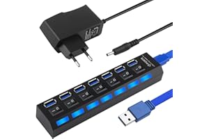 LUMITREX Hub USB 7 Ports avec Interrupteurs LED Individuels, Hub USB 3.0 2.0 Alimenté 5V 2A pour Ordinateurs Portables, PC et Autres Périphériques USB, Répartiteur USB avec d'alimentation
