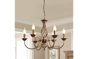‎JIINOO JIINOO Kronleuchter im Traditionellen Landhausstil, Bronze Vintage Höhenverstellbarer Kerzenleuchter aus Schmiedeeisen,6 Lichter Deckenlampe Bauernhaus Pendelleuchte für Wohnzimmer Küche Esszimmer