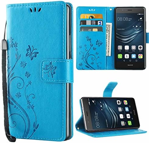iDoer Huawei P9 Lite Leather Butterfly Pattern Folio Flip Wallet Cover and PU Case with Stand Lanyard Card Holders Slots Magnetic Closure Protective Case for Huawei P9 Lite - Blue