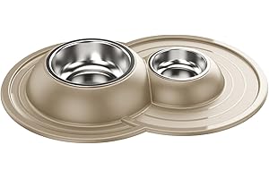 PATAM ciotola doppia per cani e gatti in acciaio inossidabile con tappetino morbido antiscivolo, antiribaltamento Made in Italy - Tom Beige