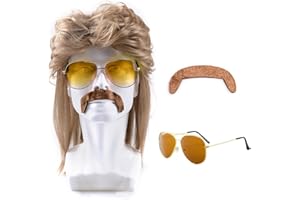 Ninnyi 3 Piece Set Brown 80s Mens Wig, Retro Pop Rock Curly Mullet Wigs for Men Halloween Costume Party Accessories