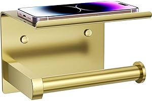 Tindbea Toilet Paper Holder with Phone Shelf, Adhesive or Screw Wall Mount Toilet Tissue Roll Holder, Rustproof & Multifunctional Stainless Steel Bathroom Storage Dispenser (Brushed Gold)