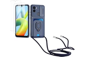 Kaslly Funda con Cuerda para Redmi A1+[2 Pack Protector Pantalla],Case con Ranura para Tarjetas,Cubierta de Cámara Deslizante Proteger,Doble Cara Protección-Azul Marino