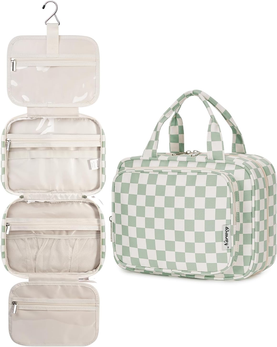 Narwey Large Checkered Hanging Travel Toiletry Bag for Women Wash Bag Cosmetics Makeup Bag Organizer for Full Size Accessories (Checkerboard Mint Green (Large))