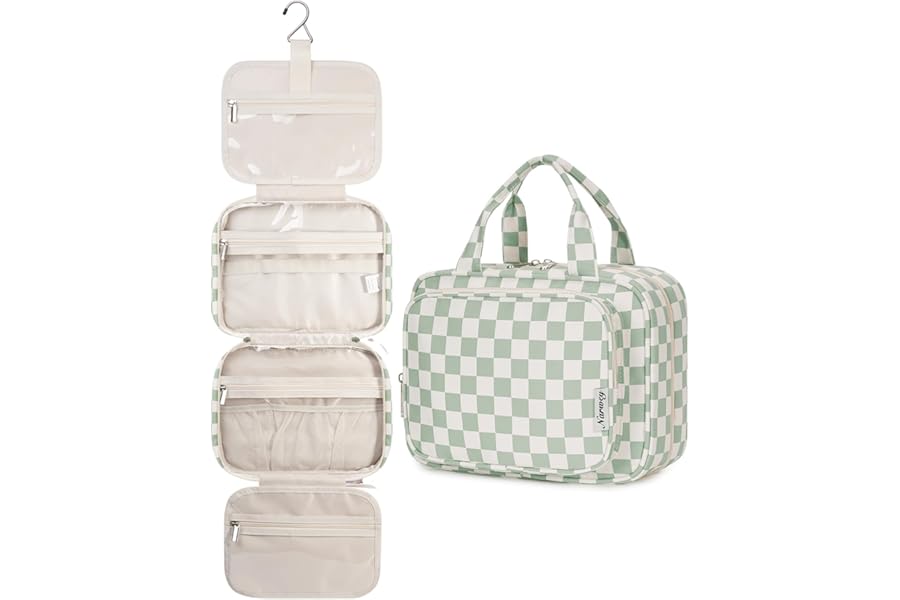 Narwey Large Checkered Hanging Travel Toiletry Bag for Women Wash Bag Cosmetics Makeup Bag Organizer for Full Size Accessories (Checkerboard Mint Green (Large))