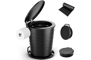 WADEO WC da Campeggio aggiornato, Portatile per Adulti, Pieghevole con Coperchio e portarotolo, Perfetto per Viaggio, Auto (Nero - Tondo - Retrattile)