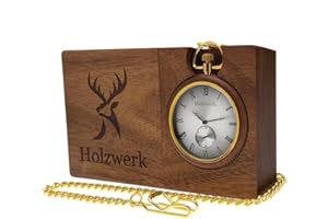 ‎HOLZWERK GERMANY Holzwerk Germany 2 in 1 Handgefertigte Taschenuhr Tischuhr Standuhr Öko Natur Holz Taschen Uhr mit Kette Braun Gold Silber Römische Ziffern