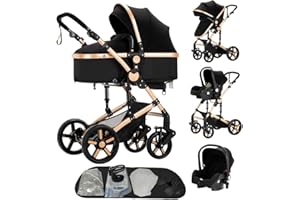 DZIRANAM Cochecito 3 en 1 de Bebé con Silla de Coche, Cuna de Paisaje Elevado, Toldo Ajustable y Ruedas con Amortiguadores, Marco de Aleación de Aluminio(negro&dorado)