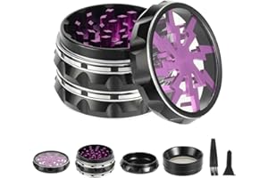 TIRIRS Kräutermühle aus Aluminium mit Pollenschaber und Reinigungsbürste, 6,3 cm, 4 Stück, transparenter Deckel mit violettem Blitz auf der Oberseite