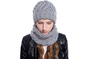 Adicloz 3 in 1 Chapeau Écharpe Ensemble de Gants Femme, Doublure Molleton Doux bonnet d'hiver Tube Écharpe plus Chaud Tactile Gants, Laine Tricot Bonnet Chaud Cache-Cou Extensible pour Femme