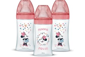 Dodie Set of 3 Anti-Colic Initiation+ Bottles, Minnie, 270 ml, 0-6 Months, Round Teat, Flow 2, Pink, 3 Unité (Lot de 1)