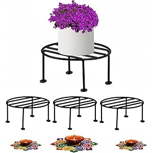 Pivalo Round Plant Stand Galvanised Metal Gamla Support Corner Rack Display Shelf Indoor & Outdoor Flower Pot Holder for Planters Home Garden Balcony Decoration (Pack of 4, Black)