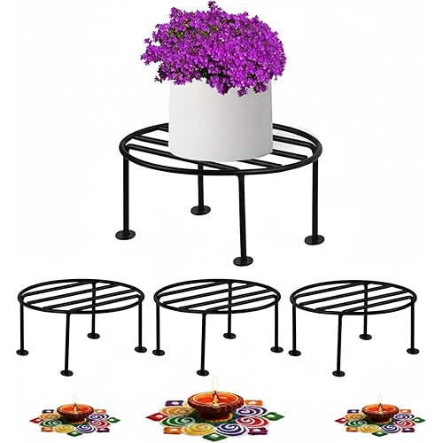 Pivalo Round Plant Stand Galvanised Metal Gamla Support Corner Rack Display Shelf Indoor & Outdoor Flower Pot Holder for Planters Home Garden Balcony Decoration (Pack of 4, Black)