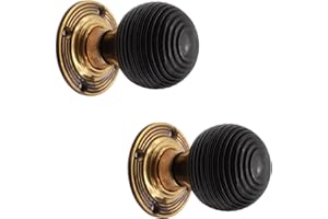 Infinity Decor Pair of Ebonised Wooden Beehive Mortice Rim Door Knobs Set 55mm Aged Brass Rose Handles – Suitable for Interior & Exterior Doors