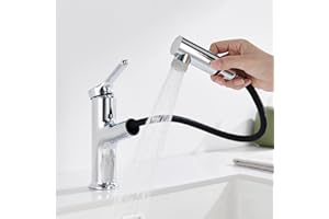 DETBOM Wasserhahn Bad mit Ausziehbar Brause, Armatur Badezimmer mit 2 Strahlarten, Einhebelmischer Waschbecken, Warm Kalt Mischbatterie Bad, Waschbeckenarmatur für Badezimmer, Waschtischarmatur, Chrom