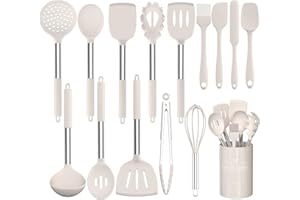 Umite Chef Kitchen Utensil Set, 15pcs Silicone Cooking Kitchen Utensils Set, Cooking Tools Turner Tongs Spatula Spoon for Nonstick Heat Resistant Cookware - (Khaki)
