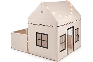 COSTWAY Barntält inomhus, barntält med lekhage (beige + grå) | Barnhus med vadderad matta och stjärnljus och gardin och fönster, barnhus för flickor och pojkar från 3 år