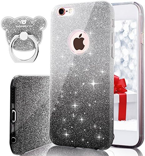 iPhone 7 Plus Case, Aiqaa Gradient Flash Phone Case,[( TPU + PC + Flash Silver Film ) 3 in 1 Phone Case] + [ Flash Ring Bracket ] Anti Drop，Perfect Match, Make Your Phone More Secure, Easier to Operate. (iPhone 7 Plus, Gradient Black)