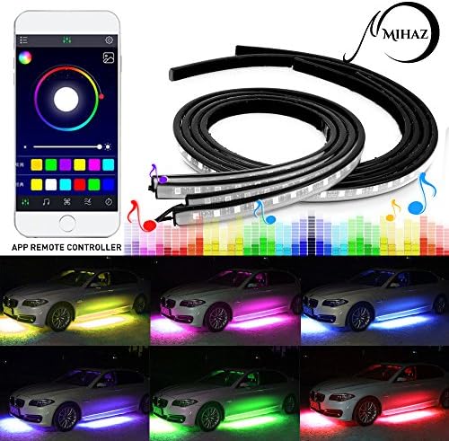 Upgraded Car Neon Underglow Light Kit with Smart APP Control, Mihaz 4 pcs LED Glow Under Car Lights Strip Sound Actived Underglow Lighting Kit Function Running RGB Colors Strips Atmosphere Lights