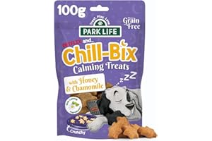 TREAT, PLAY, LOVE 2018 PARK LIFE PARK LiFE Chill-Bix Calming Dog Treats 100g Pouch Honey & Chamomile Bedtime Biscuits Helps relax anxious dogs Puppy friendly Grain-Free Natural