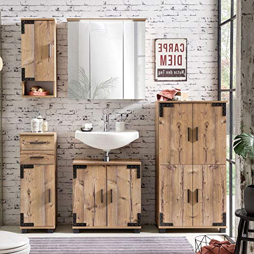 Lomadox Badezimmermöbel Komplett-Set mit Holzoptik in Silbereiche Nb, Waschbeckenunterschrank mit Siphonausschnitt, LED-Spiegelschrank mit Steckdose, 4-türiges Highboard, Unterschrank & Hängerschrank
