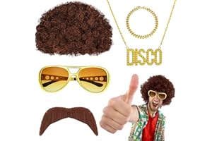 Yontree 5 pcs Disco Hippie Costume 70s/80s Hippy Fancy Dress Accessories, 70s 80s Afro Hippy Wig/Hippie Funky Sunglasses/Fake Gold Bracelet/Disco Necklace/Fake Mustache for Mens Women