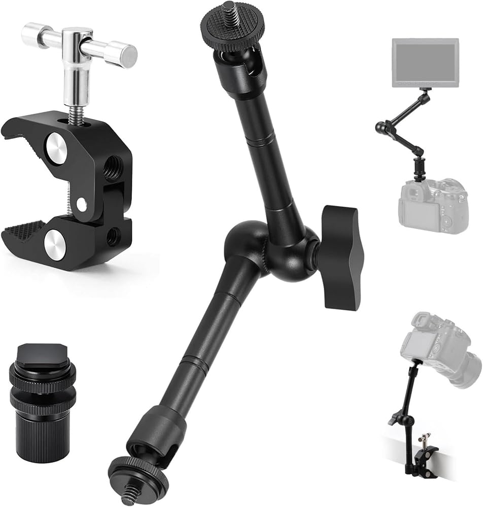 Coverzone Profesyonel Magic Arm DSLR Kamera Tutucu Süper Kelepçeli Mengene Stand, 1/4 3/8 Dişli Flaş Pabuçlu Esnek Mafsallı Kol Tripod Masa Gidon Monitör Mikrofon Aksiyon Kamera Sabitleme, MG01, Siyah